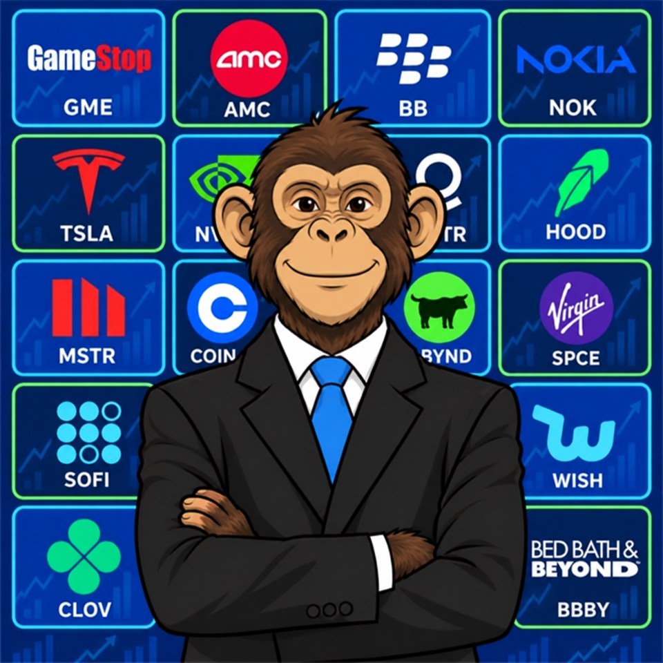 A suited ape in front of glowing market screens
