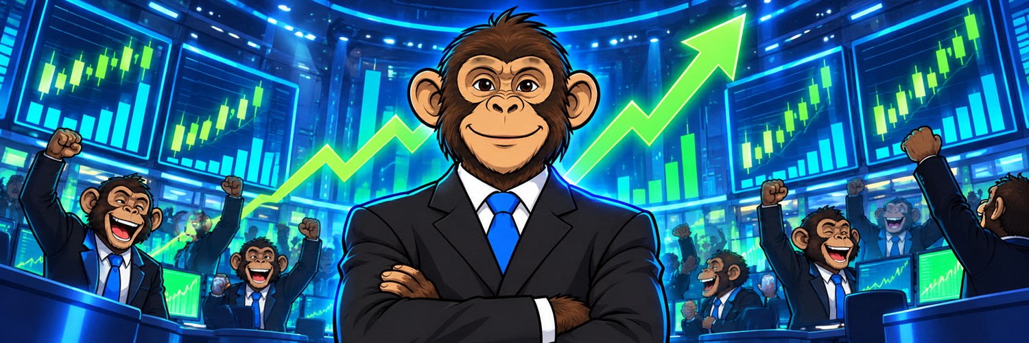 Ape traders celebrating on a neon market floor