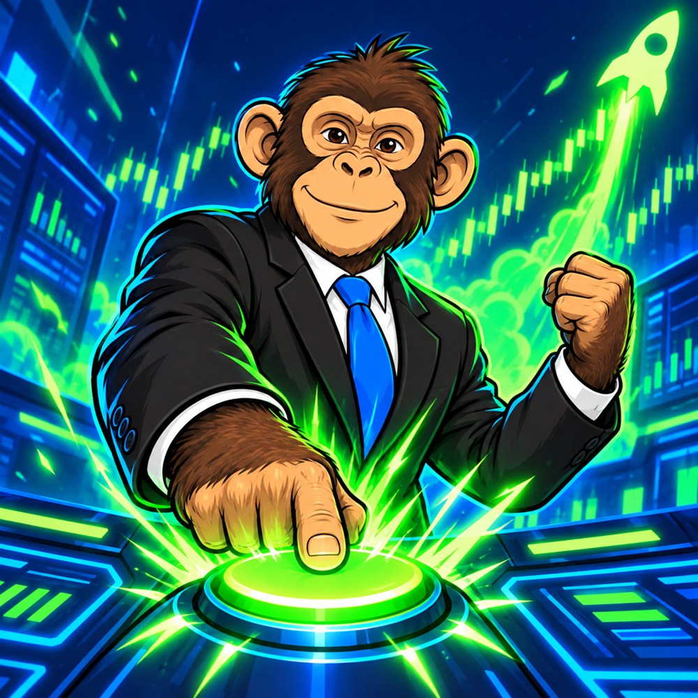 A suited ape activates a glowing market launch button