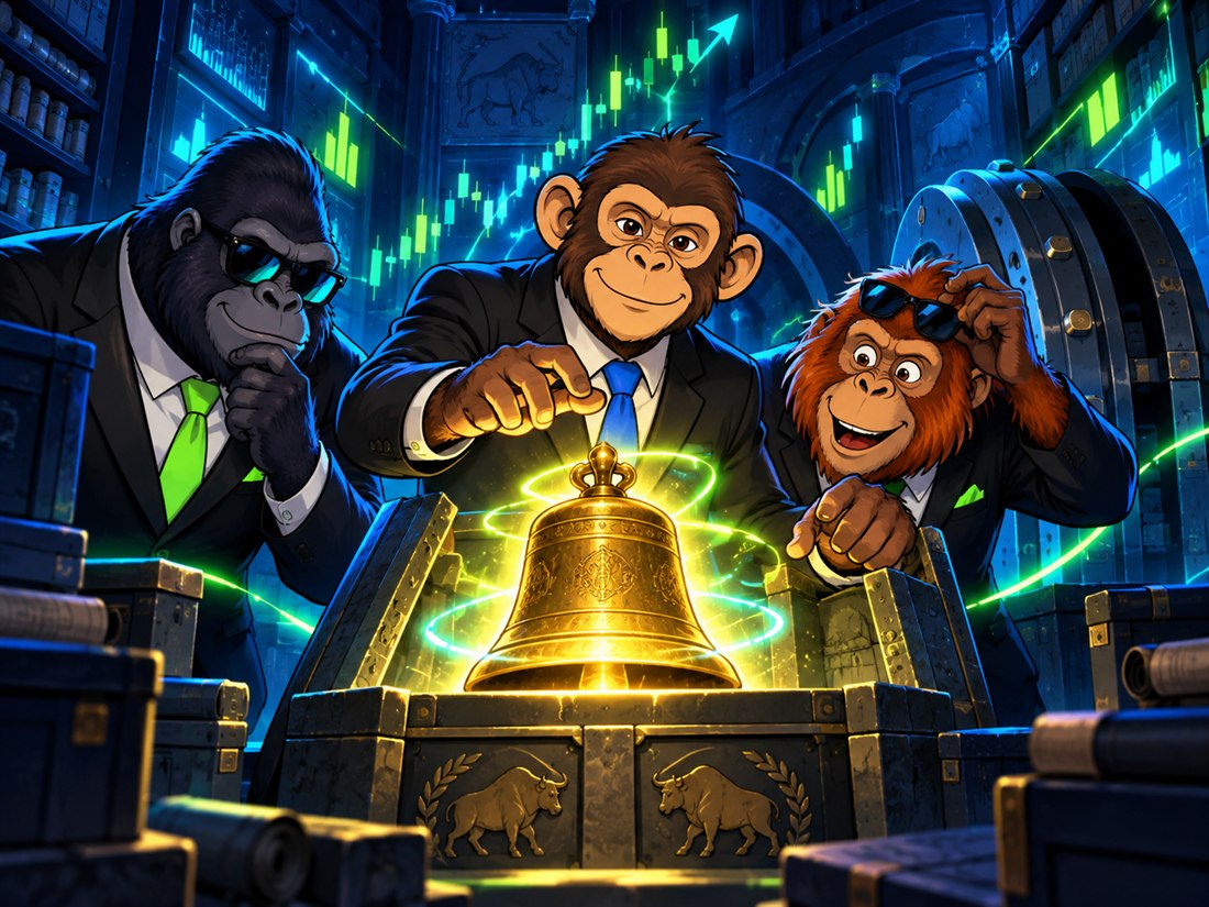 Three ape traders discover a glowing exchange bell inside a vault